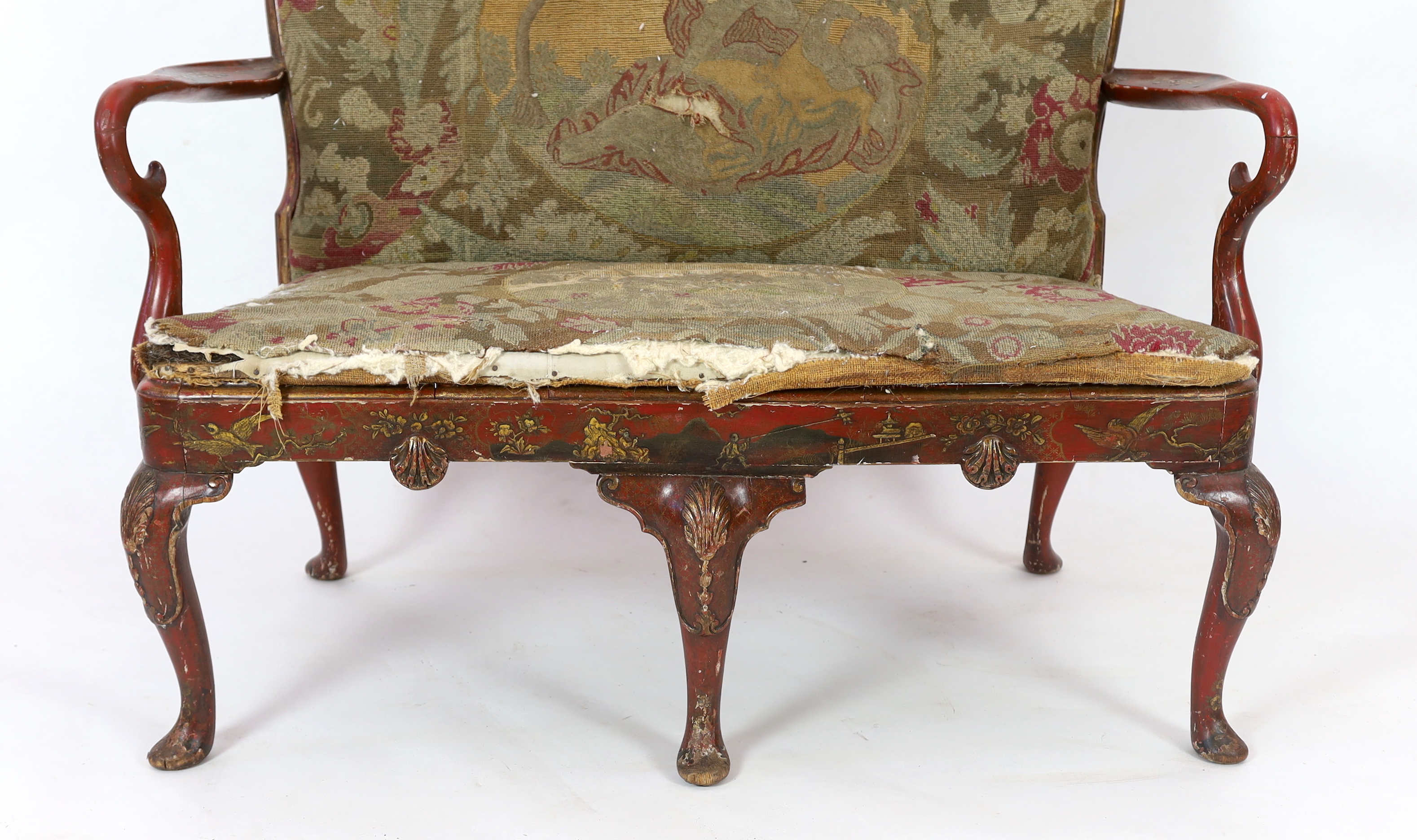 A Queen Anne revival red lacquer settee